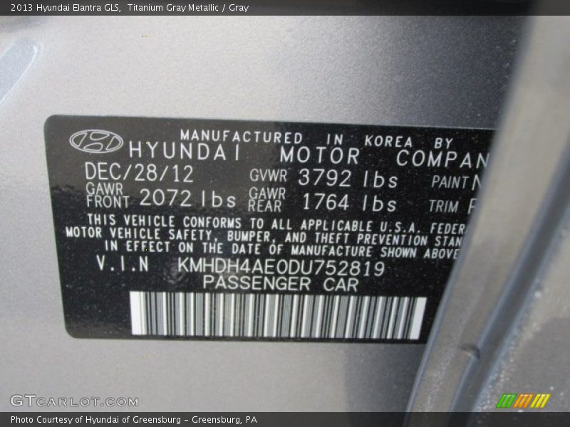 Titanium Gray Metallic / Gray 2013 Hyundai Elantra GLS