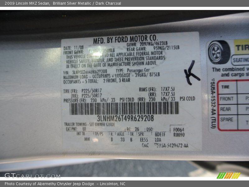 Brilliant Silver Metallic / Dark Charcoal 2009 Lincoln MKZ Sedan