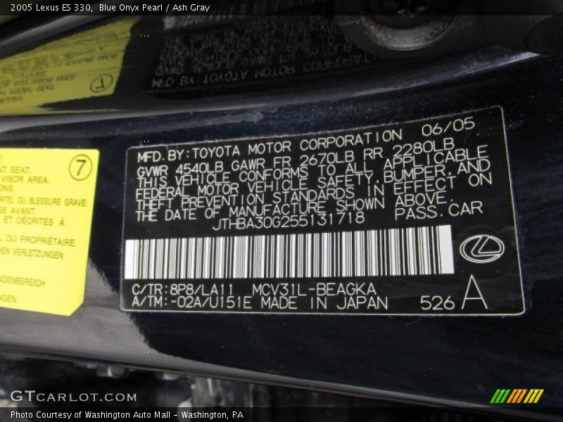 Blue Onyx Pearl / Ash Gray 2005 Lexus ES 330