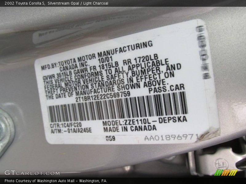 2002 Corolla S Silverstream Opal Color Code 1C4