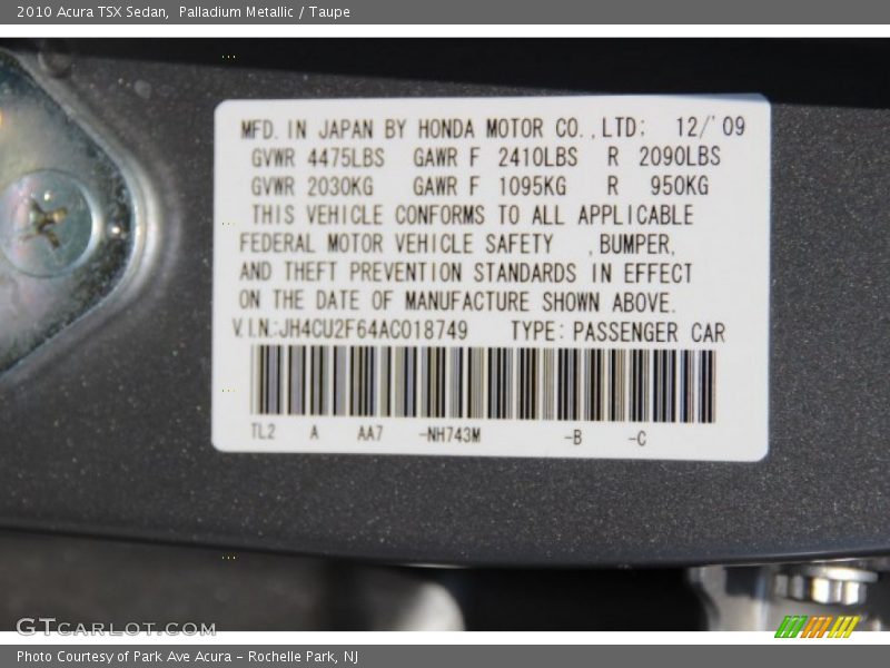 Palladium Metallic / Taupe 2010 Acura TSX Sedan