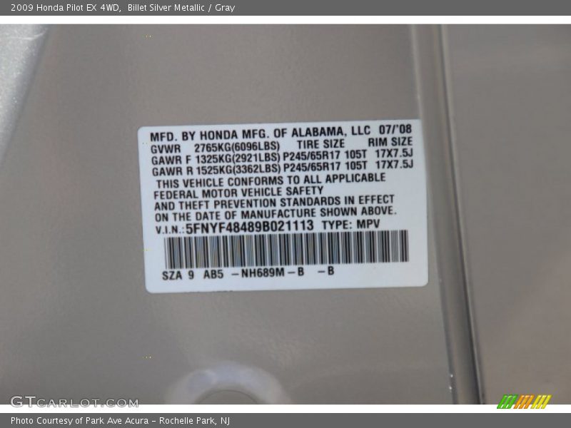 Billet Silver Metallic / Gray 2009 Honda Pilot EX 4WD