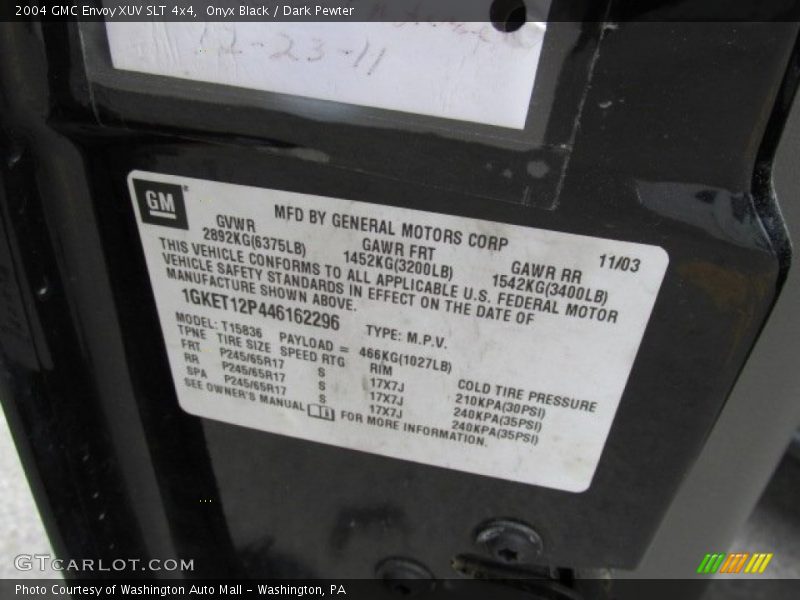 Info Tag of 2004 Envoy XUV SLT 4x4
