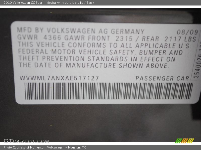 Mocha Anthracite Metallic / Black 2010 Volkswagen CC Sport