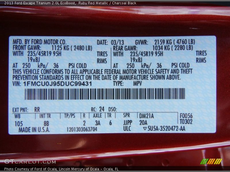 2013 Escape Titanium 2.0L EcoBoost Ruby Red Metallic Color Code RR