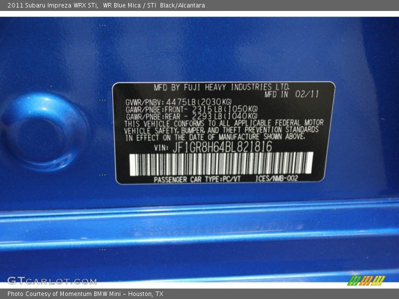 Info Tag of 2011 Impreza WRX STi