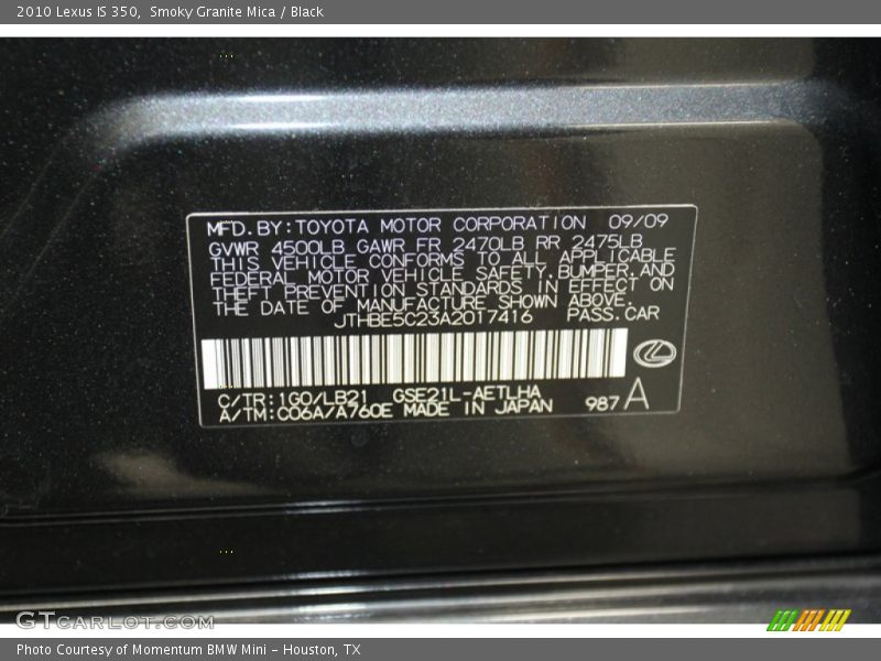 2010 IS 350 Smoky Granite Mica Color Code 1G0