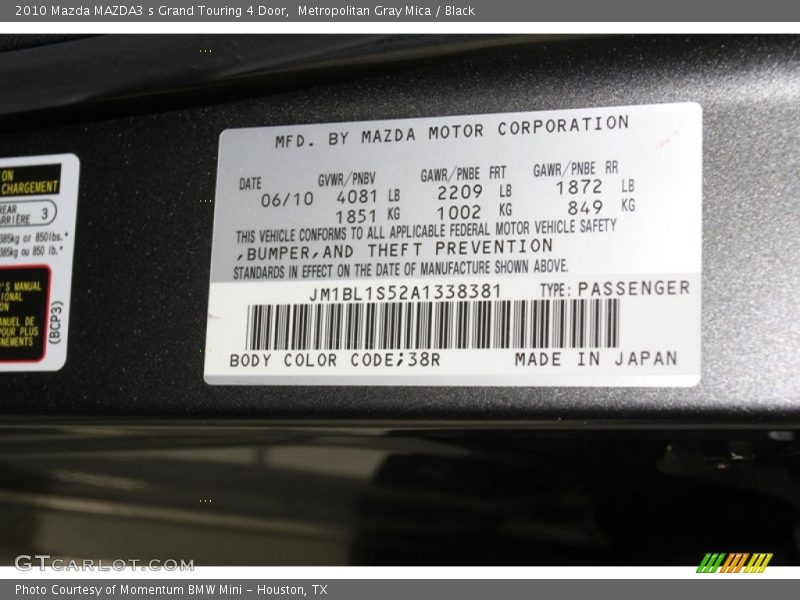 2010 MAZDA3 s Grand Touring 4 Door Metropolitan Gray Mica Color Code 38R