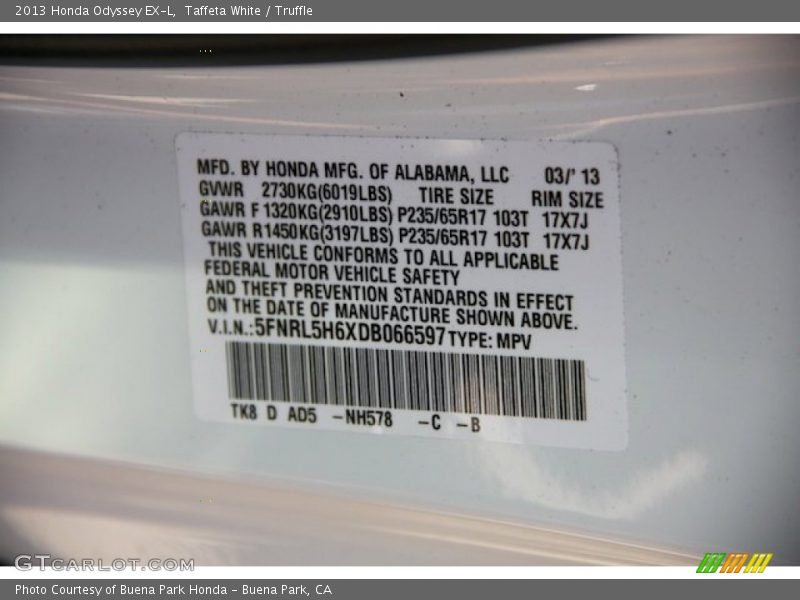 Taffeta White / Truffle 2013 Honda Odyssey EX-L