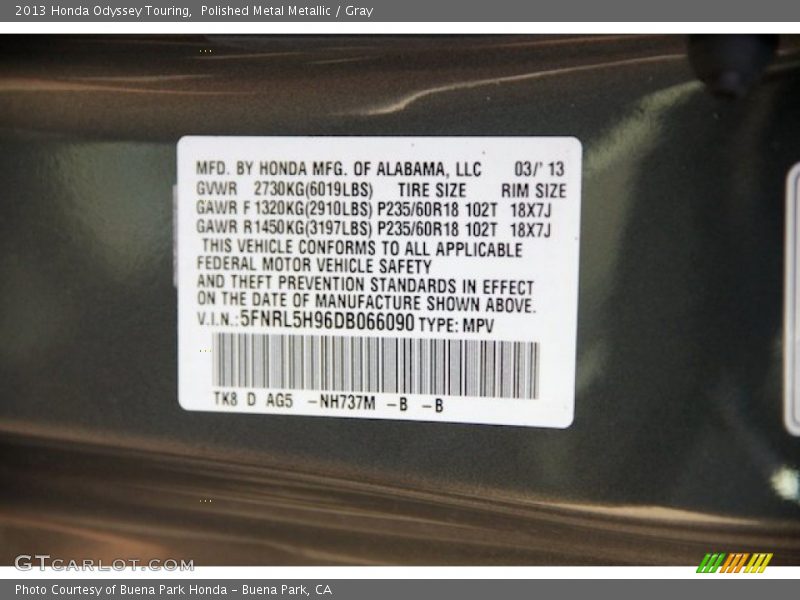 Polished Metal Metallic / Gray 2013 Honda Odyssey Touring