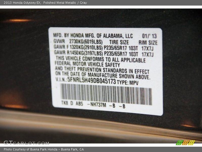 Polished Metal Metallic / Gray 2013 Honda Odyssey EX