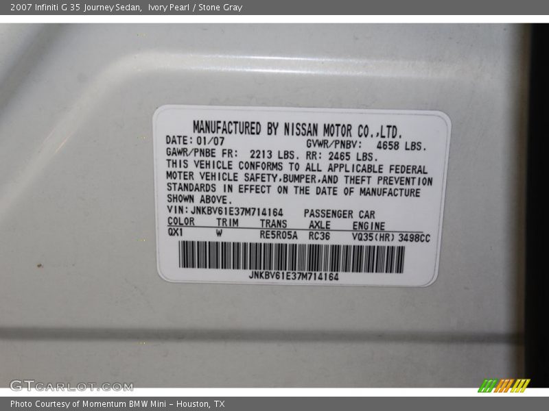 Ivory Pearl / Stone Gray 2007 Infiniti G 35 Journey Sedan
