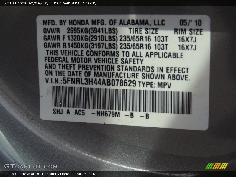 Slate Green Metallic / Gray 2010 Honda Odyssey EX