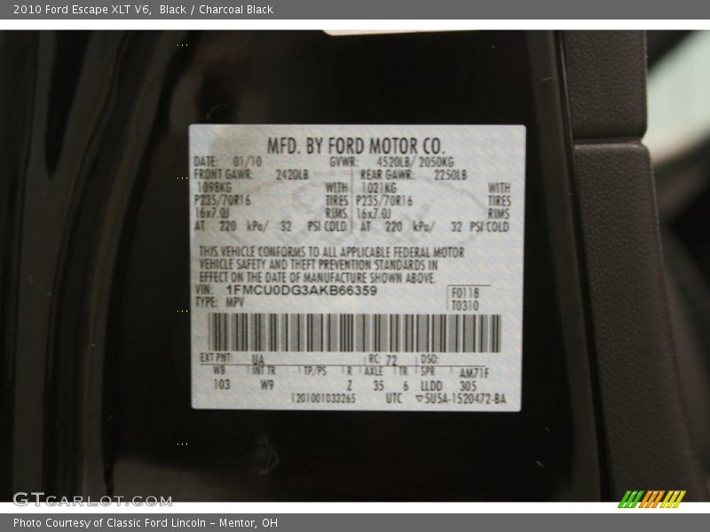 Black / Charcoal Black 2010 Ford Escape XLT V6