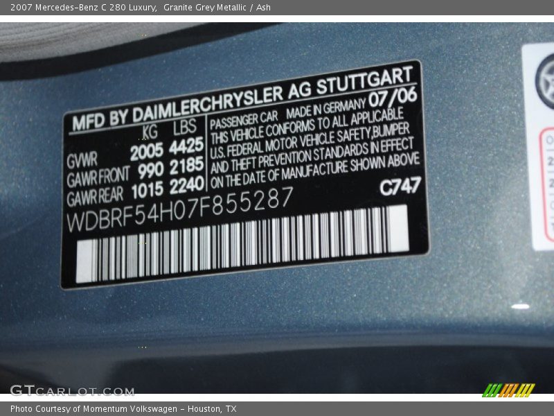 2007 C 280 Luxury Granite Grey Metallic Color Code 747