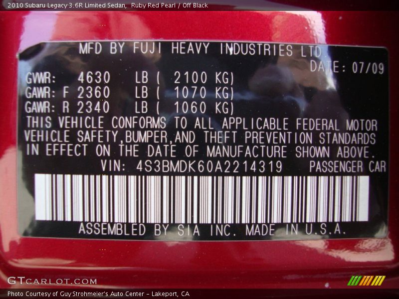 Ruby Red Pearl / Off Black 2010 Subaru Legacy 3.6R Limited Sedan