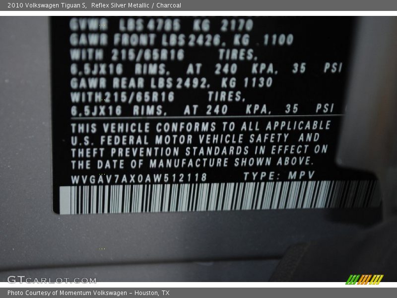 Reflex Silver Metallic / Charcoal 2010 Volkswagen Tiguan S