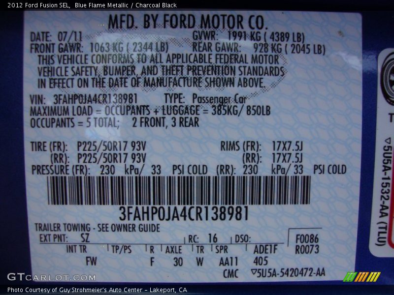 Blue Flame Metallic / Charcoal Black 2012 Ford Fusion SEL