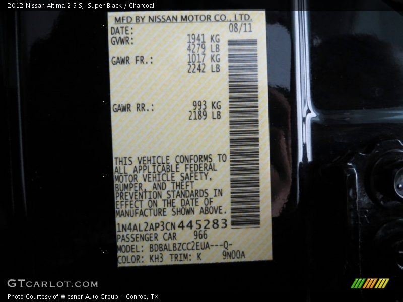 Super Black / Charcoal 2012 Nissan Altima 2.5 S