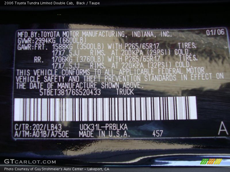 2006 Tundra Limited Double Cab Black Color Code 202