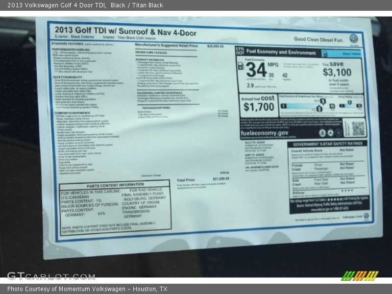  2013 Golf 4 Door TDI Window Sticker