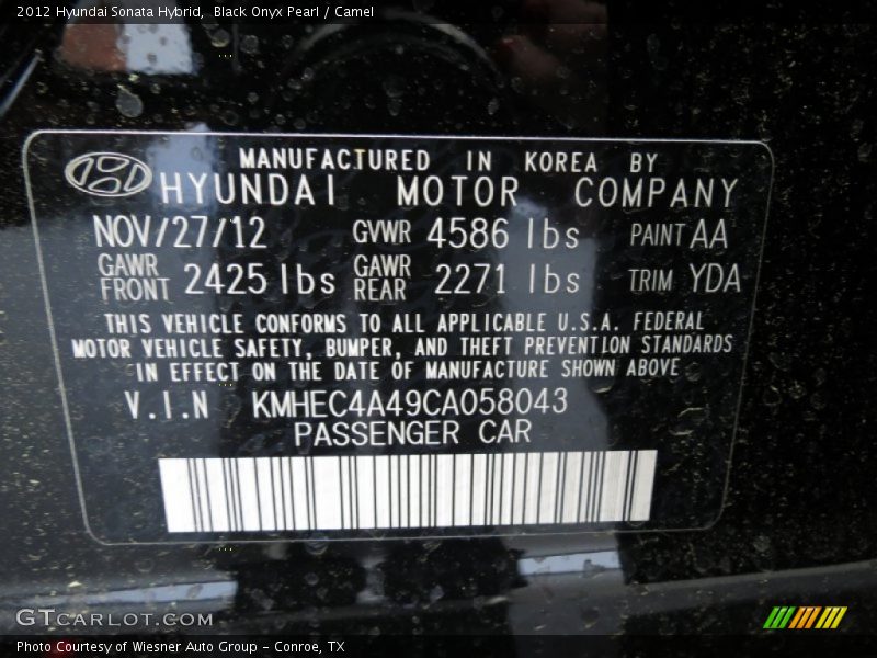 Black Onyx Pearl / Camel 2012 Hyundai Sonata Hybrid
