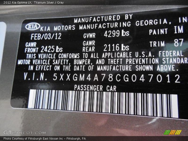 2012 Optima LX Titanium Silver Color Code IM
