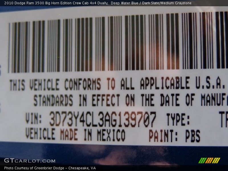 Deep Water Blue / Dark Slate/Medium Graystone 2010 Dodge Ram 3500 Big Horn Edition Crew Cab 4x4 Dually