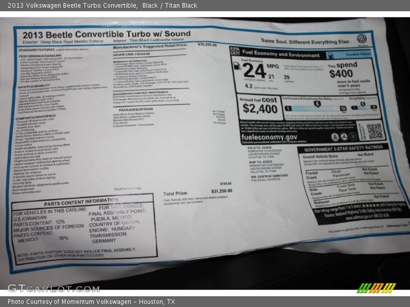  2013 Beetle Turbo Convertible Window Sticker