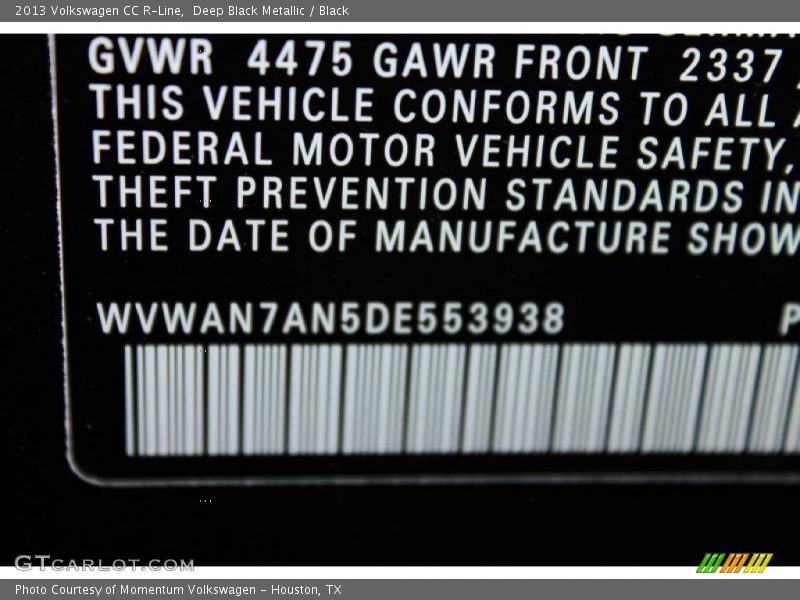 Deep Black Metallic / Black 2013 Volkswagen CC R-Line