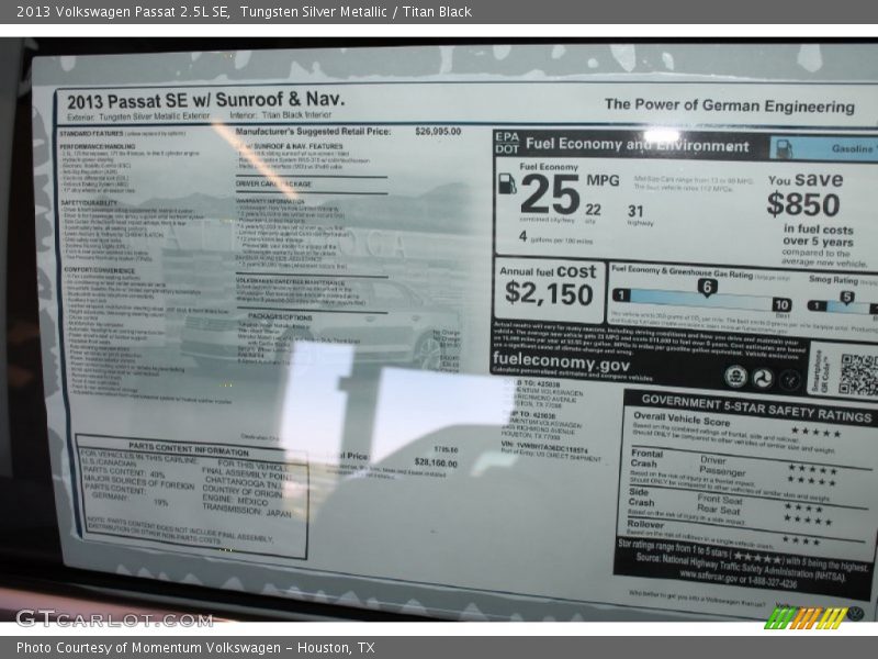 Tungsten Silver Metallic / Titan Black 2013 Volkswagen Passat 2.5L SE