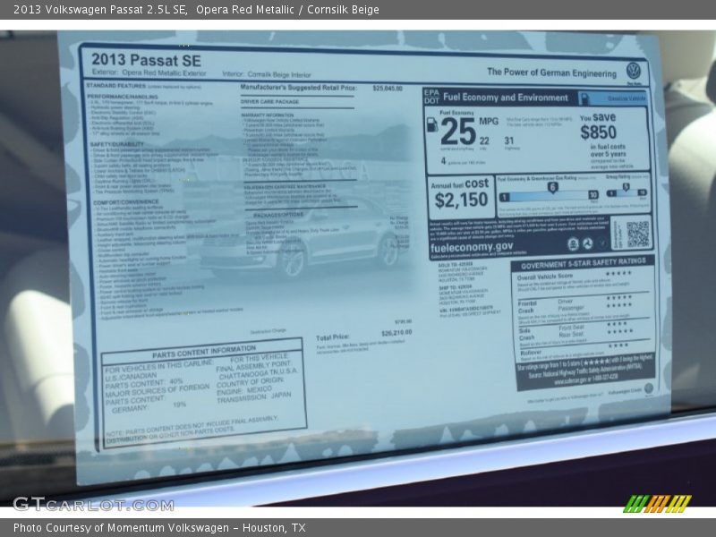 Opera Red Metallic / Cornsilk Beige 2013 Volkswagen Passat 2.5L SE