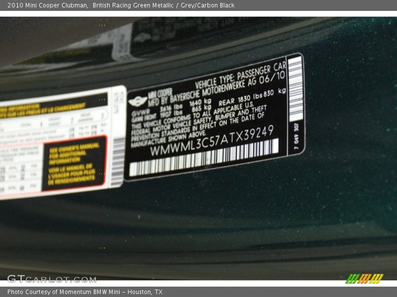 British Racing Green Metallic / Grey/Carbon Black 2010 Mini Cooper Clubman