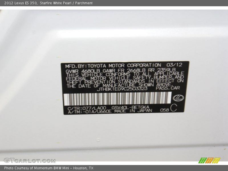 Starfire White Pearl / Parchment 2012 Lexus ES 350