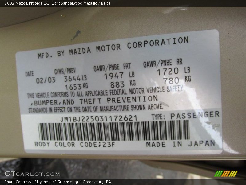 2003 Protege LX Light Sandalwood Metallic Color Code 23F