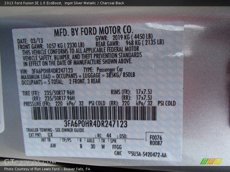 2013 Fusion SE 1.6 EcoBoost Ingot Silver Metallic Color Code UX