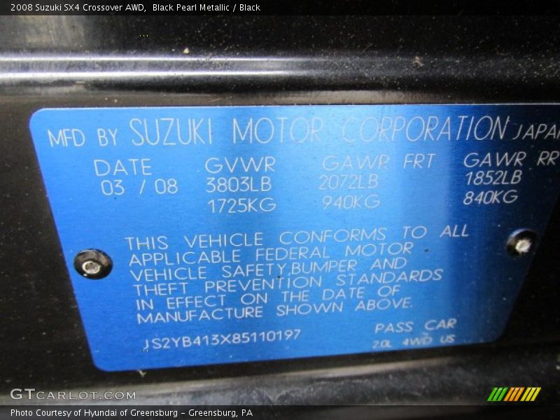 Black Pearl Metallic / Black 2008 Suzuki SX4 Crossover AWD