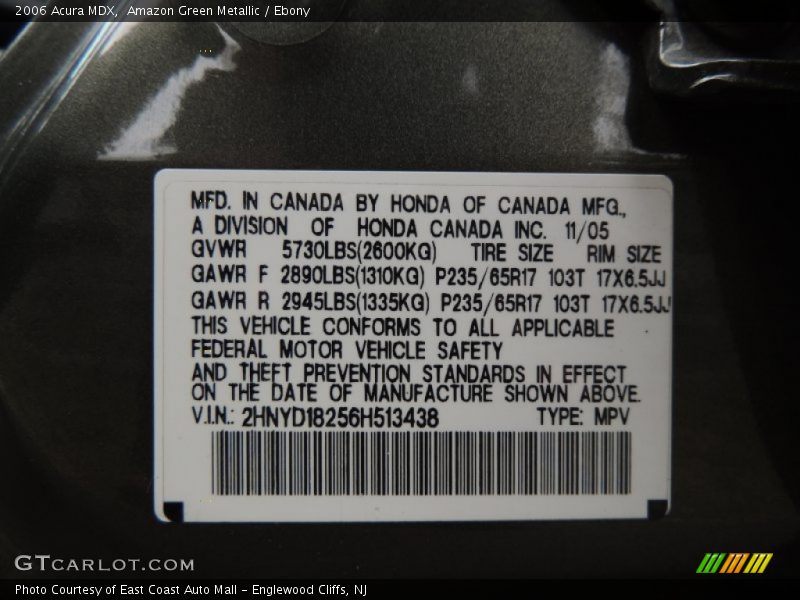 Info Tag of 2006 MDX 