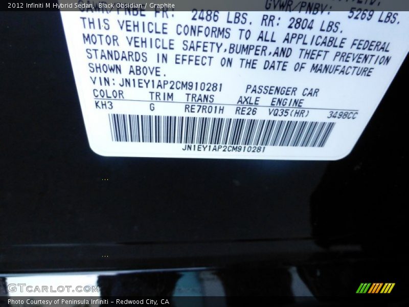 2012 M Hybrid Sedan Black Obsidian Color Code KH3