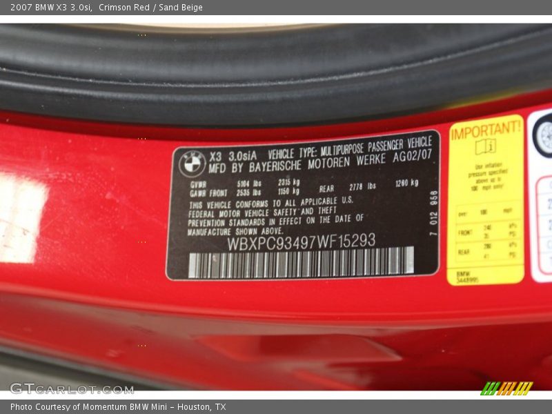 Crimson Red / Sand Beige 2007 BMW X3 3.0si