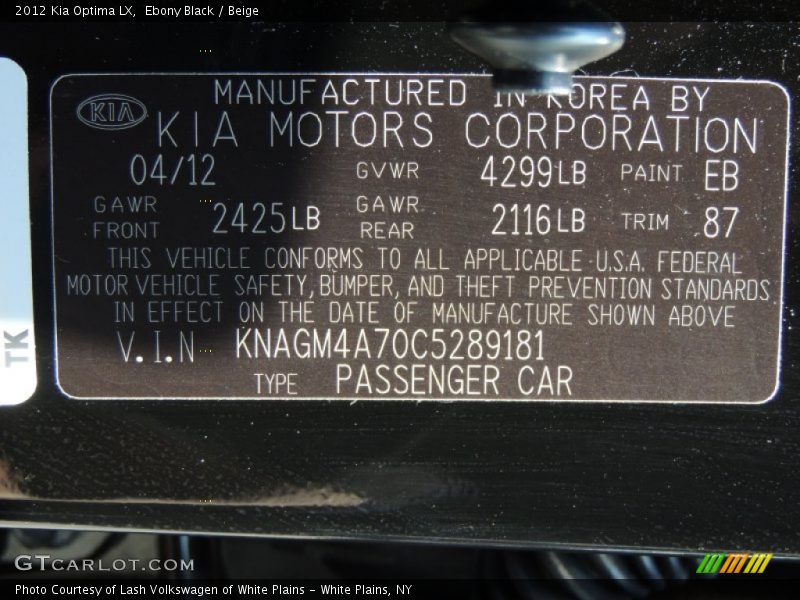 Ebony Black / Beige 2012 Kia Optima LX