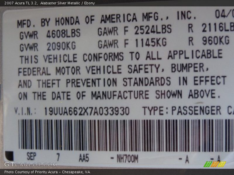 Alabaster Silver Metallic / Ebony 2007 Acura TL 3.2