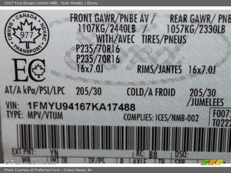 Silver Metallic / Ebony 2007 Ford Escape Limited 4WD