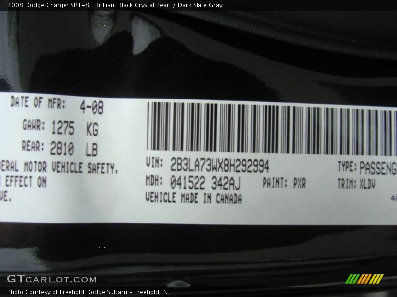 Brilliant Black Crystal Pearl / Dark Slate Gray 2008 Dodge Charger SRT-8