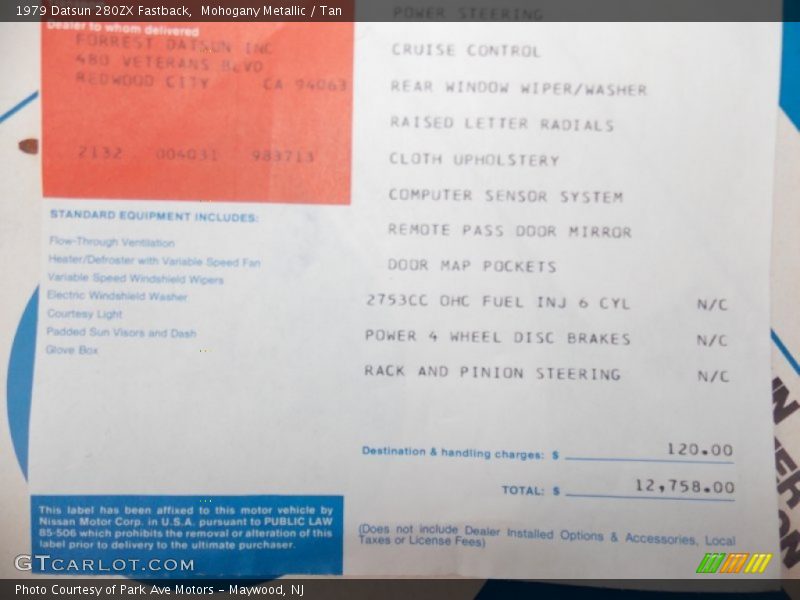  1979 280ZX Fastback Window Sticker