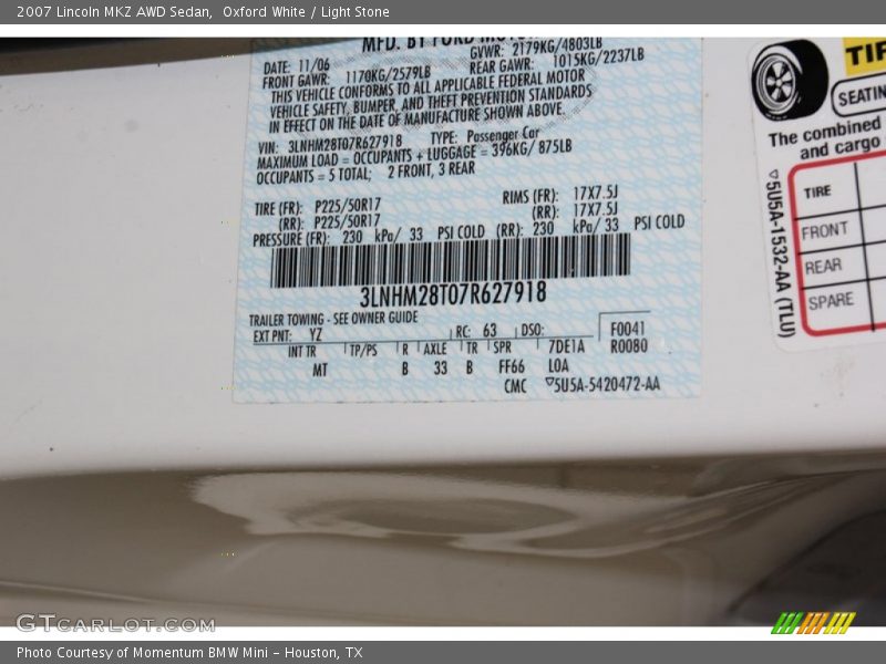 Oxford White / Light Stone 2007 Lincoln MKZ AWD Sedan