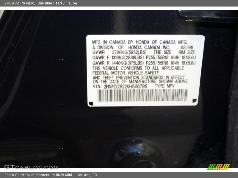 Bali Blue Pearl / Taupe 2009 Acura MDX