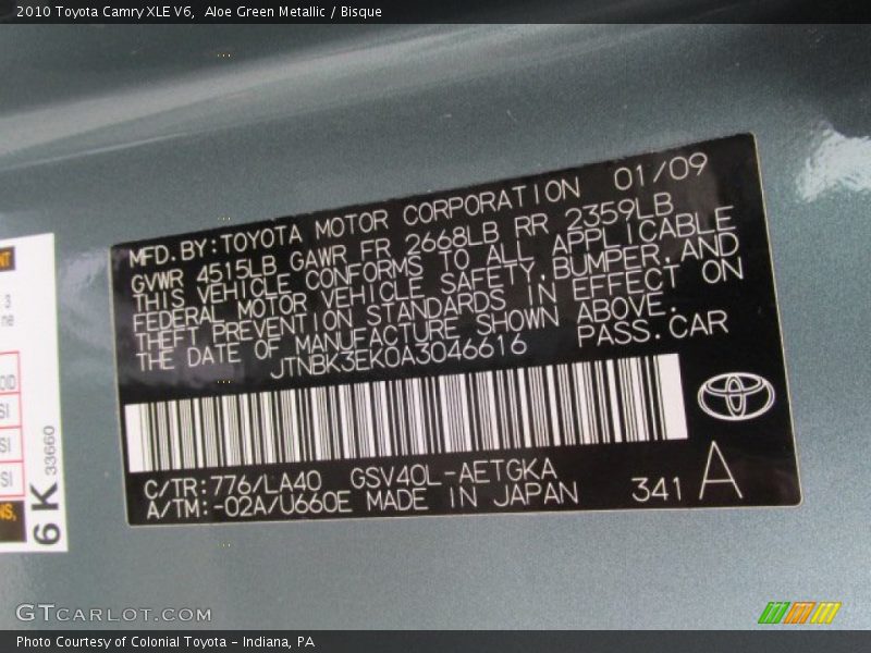 2010 Camry XLE V6 Aloe Green Metallic Color Code 776