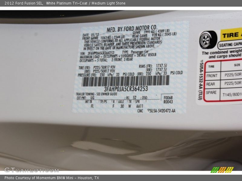 White Platinum Tri-Coat / Medium Light Stone 2012 Ford Fusion SEL
