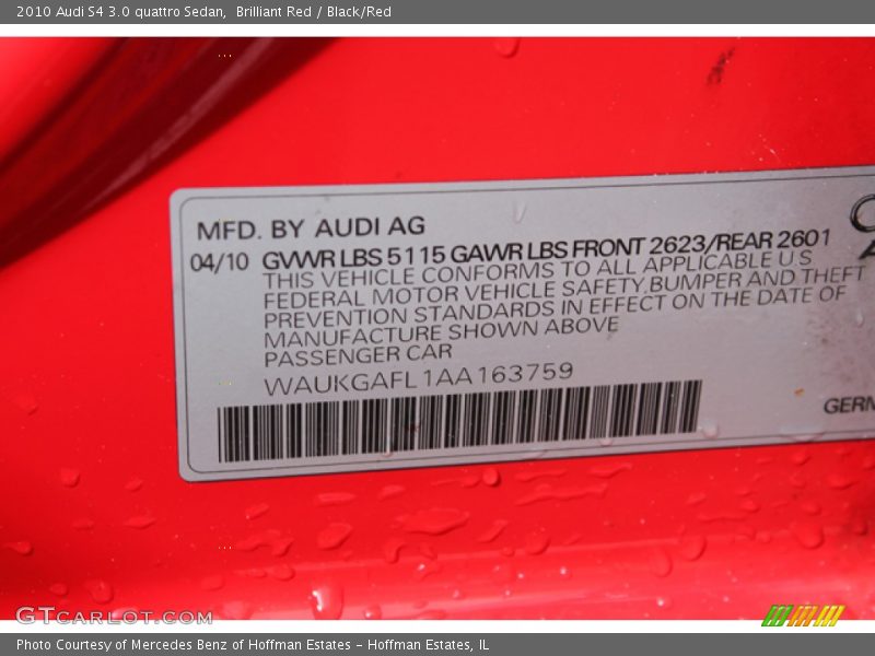 Info Tag of 2010 S4 3.0 quattro Sedan